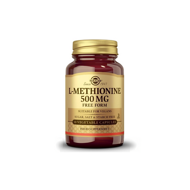 Solgar L-methionine 500 mg provides 30 vegetable capsules per bottle, supporting protein synthesis. The supplement is free-form, vegan, and contains no sugar, salt, or starch.